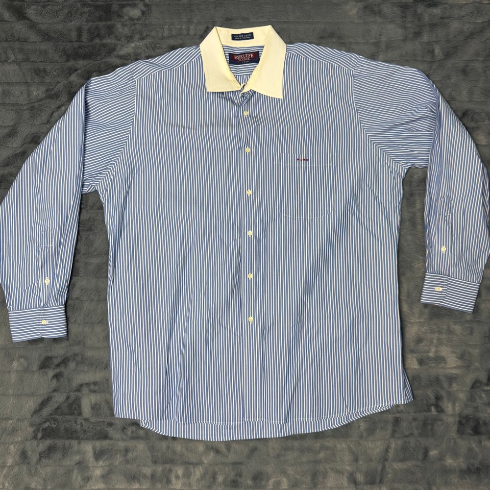 Jos. A Bank Dress Shirt Mens 17x34 Blue White Stripe Pima Cotton Contrast Collar